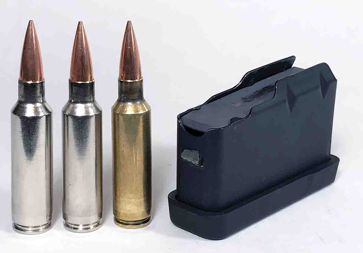The Pro-Series 2000 action has a detachable magazine. The magazine holds three .300 WSM cartridges in a single stack.